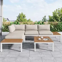 Merax Gartenlounge-Set aus Akazienholz, 3-tlg. mit Eisenrahmen - Elegantes Gartenmöbel-Set für 3-4 Personen, wetterfest und langlebig. Mit bequemen Kissen und modularer Aufstellmöglichkeit ist es perfekt für entspannte Stunden im Freien.