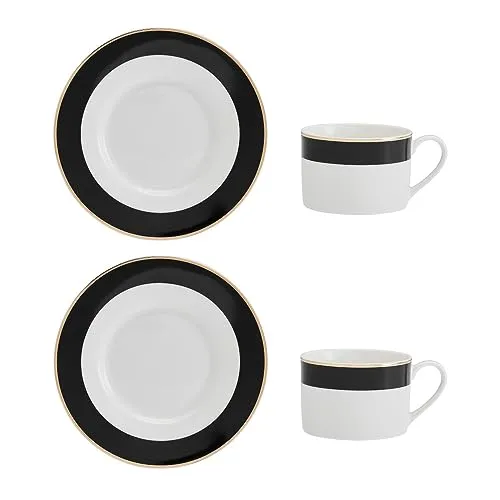 MIKASA Luxe Deco Porzellan Teetasse und Untertasse Set, 2x Teetassen und Untertassen mit Streifenmuster, 200ml Tassen - Geschenkkarton und spülmaschinenfest