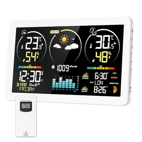 Wetterstation Funk mit Außensensor, 7,8 Zoll Großes Farbdisplay mit Beleuchtung & DCF Funkuhr, Wettervorhersage, Innen- & Außentemperatur, Luftfeuchtigkeit, Luftdruck, Mondphase (white1)