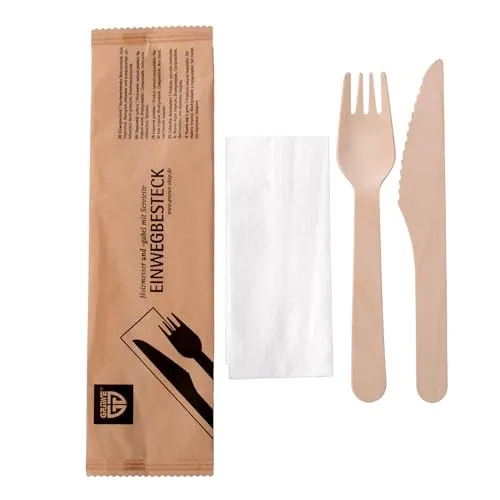 GRÄWE Holzmesser und Gabel mit Serviette, 100 Sets, nachhaltiges Besteckset