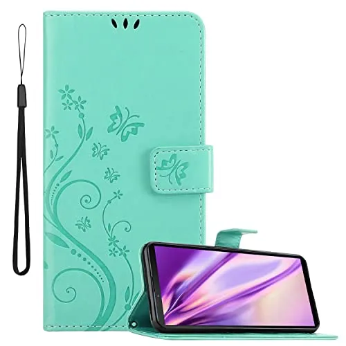 Cadorabo Hülle kompatibel mit Sony Xperia 10 III Blumen Design aus Kunst Leder Flip Klappbare Stoßfeste Magnetische [Standfunktion] [Kartenfächern] Cover Hülle für Sony Xperia 10 III Tasche in Türkis