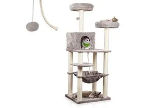 Lycce Kratzbaum groß - Mehrstöckiger Katzenbaum 145 cm, inkl. 10 Sisal-Kratzsäulen, Höhle, Hängematte und 4 Plattformen für optimalen Spielspaß und Entspannung