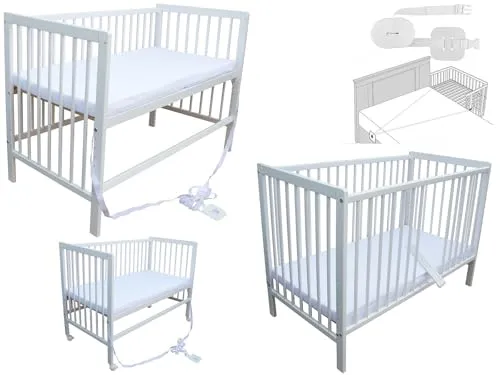 Kinderbett - Beistellbett - Babybett 120x60 cm umbaubares Bett mit Gurt, Rädern und Matratze (Weiss mit Matratze)