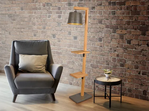 Trio Leuchten Stehlampe mit Holz Ablagen und Silbernem Lampenschirm