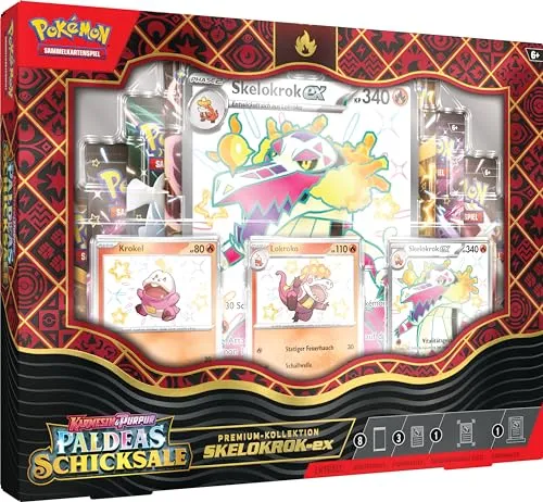 Produktbild Pokémon-Sammelkartenspiel: Karmesin & Purpur – Paldeas Schicksale: Premium-Kollektion Skelokrok-ex (3 geprägte holografische Promokarten, 1 überdimensionale Promokarte & 8 Boosterpacks)