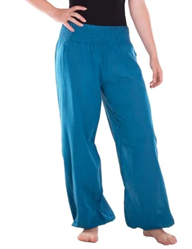 Vishes - Lange Damen Sommerhose Haremshose Schlupfhose blau - Luftige Haremshose aus handgewebtem Baumwollstoff, ideal für warme Tage. Bequemer, elastischer Bund und extra lange Passform für optimalen Tragekomfort. Perfekt für Freizeit und entspannte Momente.