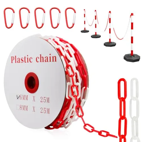 25m Absperrkette Rot Weiß Kunststoffkette, 6mm Plastikkette Kunststoff kette mit 5 Karabinern für Barrieren in Auffahrten zum Absperren von Flächen Gut Sichtbar
