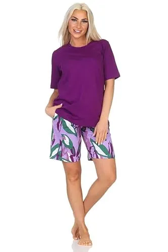 Normann Damen Pyjama Kurzarm Shorty aus weichem Jersey, Hose im modernen Print, Farbe:lila, Größe:36-38