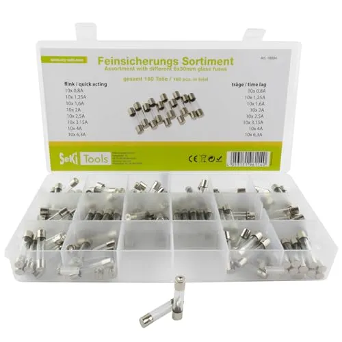SeKi 160 Teile Feinsicherung 6x30 Sortiment 160-teilig 16 Typen; 8 x Flink + 8 x Träge 0,8A, 1,25A, 1,6A, 2A, 2,5A, 3,15A, 4A und 6,3A Sicherung; Glasrohrsicherung; Glassicherung