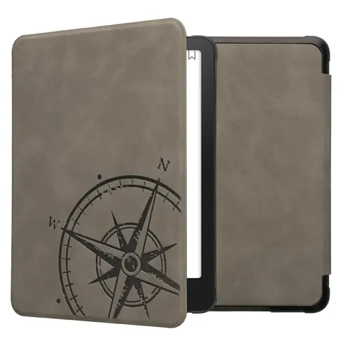 kwmobile Schutzhülle für Amazon Kindle Paperwhite (2024)/Colorsoft Hülle - eReader Case aus Kunstleder mit Auto Sleep Funktion - Kompass Vintage mit Grau