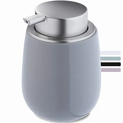 KADAX Seifenspender aus Keramik, Spender mit Pumpe aus Kunststoff, Lotions-Pender für Bad, Küche, 12,5 x 9,5 cm, Flüssigseifen-Spender, Spülmittel-Spender, glänzend, rund (grau)