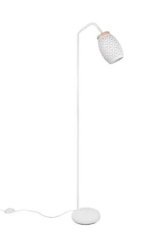 lightling Stehlampe Bill mit Fußschalter und Holzakzenten - Moderne Stehleuchte aus weißem Metall mit Holzdetails, Höhe 147 cm, Durchmesser 22 cm. Ideal für stimmungsvolle Beleuchtung in Flur, Wohnzimmer oder Esszimmer. Exklusive E27-Leuchtmittel, max. 10W.