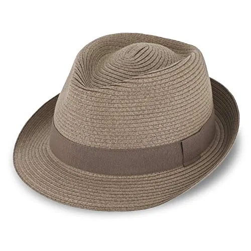 fiebig Jackson Trilby Papierhut mit farbigem Ripsband | Sonnenhut aus 100% Papier | Natur Sommerhut (57-M, Steingrau)