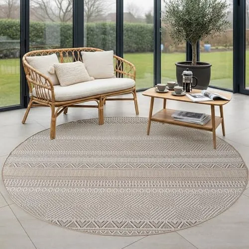 Carpettex Outdoor Teppich Rund 80 cm Beige, Wetterfest UV beständig, Balkon Teppich für Küche Flur Indoor Outdoor, Skandinavisches Boho Design Pflegeleicht robust drinnen