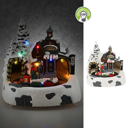 LED Winterlandschaft drehender Zug Paar 19,5x21cm Polyresin 7 bunte LEDs batteriebetrieben An-/Ausschalter Weihnachtsdekoration