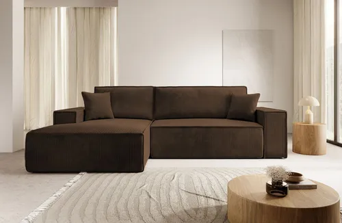 Selsey Ecksofa Farese, Braun, L-Form mit Ottomane links, 267x167 cm - Komfortables Ecksofa Farese mit modernem Breitcord-Bezug. Ideal für entspannte Abende und als Schlafplatz für Gäste. Inklusive Bettkasten für praktischen Stauraum.