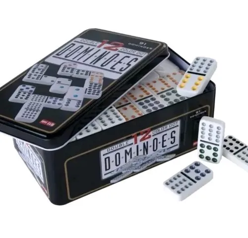 Weible 12er Domino in Metalldose 246671 - Gesellschaftsspiel mit 12 bunten Domino-Steinen aus Kunststoff, perfekt für spannende Spielabende mit Familie und Freunden, geliefert in praktischer Metalldose.