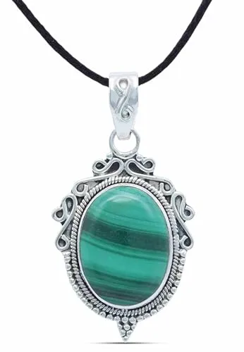 mantraroma Kettenanhänger 925 Silber Malachit grüner gestreifter Stein Edelstein Kettenanhänger Damen Sterling Silber Halskette Anhänger Geschenk (MAH-124-10)