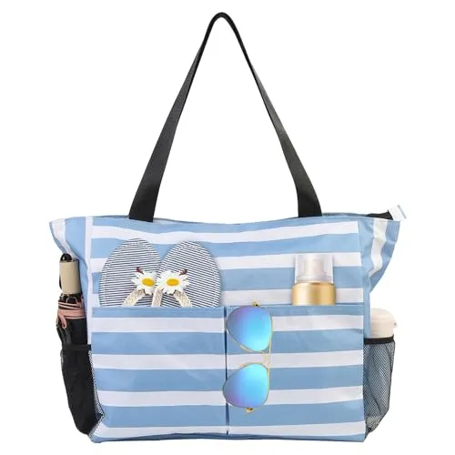 TAHAVICE Strandtasche Damen mit Reißverschluss, Große Strandtasche xxl Familie, Badetasche Damen Wasserdicht, Beach Bag Tote Bag für Strand Reisen Pool Fitnessstudio