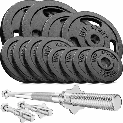 Hop-Sport 59kg Gusseisen Hantel-Set - Hantelset für effektives Krafttraining mit Langhantel und Kurzhanteln, bestehend aus robustem Gusseisen für hohe Haltbarkeit und stabilen Griff, ideal für Home-Workouts.