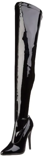 DEVIOUS DOMINA-3000 Overknees aus schwarzem Lack - Wanderschuhe mit 15 cm Stilettoabsatz, perfekt für verführerische Looks und außergewöhnlichen Komfort.