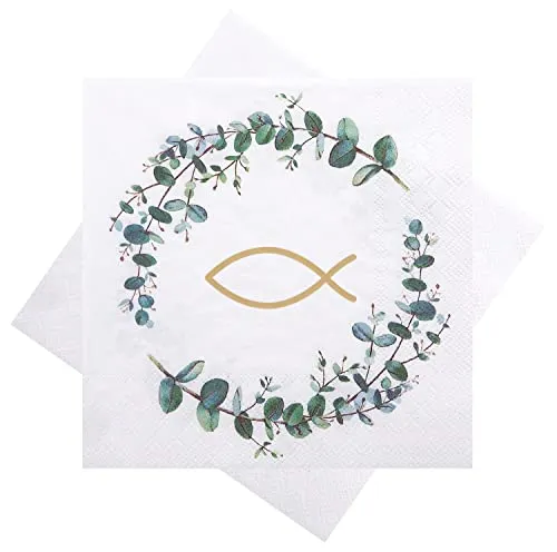 ZauberDeko Servietten 33x33cm Kommunion Konfirmation Fisch in Eukalyptus Kranz Deko 20Stück