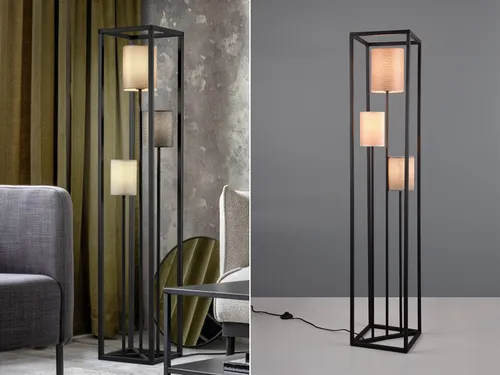 Moderne LED Stehlampe aus Metall in Schwarz mit Naturfarbenen Stoffschirmen, 153cm - Stehlampe im Landhausstil mit 3 dimmbaren LED Leuchtmitteln, ideal für eine gemütliche Atmosphäre im Wohnzimmer oder Schlafzimmer.