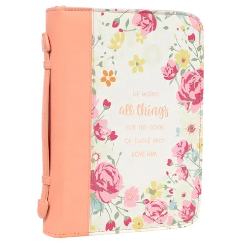 Christian Art Gifts Damenmode Bibelhülle He Works All Things for Good Romans 8:28, Pfirsichblumen-Kunstleder, Größe L