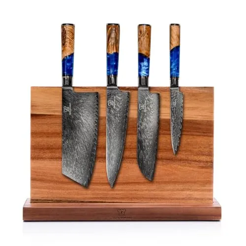 Küchenkompane Edelstahl Messerset Damast 5-teilig mit magnetischem Messerblock - Küchenmesserset mit Chef-, Santoku-, Nakiri- und Petty-Messer sowie einem stilvollen magnetischen Messerblock. Hergestellt aus rostfreiem 7CR17 Edelstahl für optimale Schärfe und Langlebigkeit.