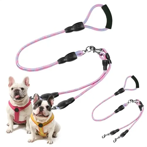 Doppelleine für 2 Hunde,Schleppleine 360°Drehbare Verwicklungsfreie mit 2 Karabiner,Hundeleine rutschfest Verstellbare mit Schwammgriff für Mittlere und Kleine Hunde,1 Stück,Rosa