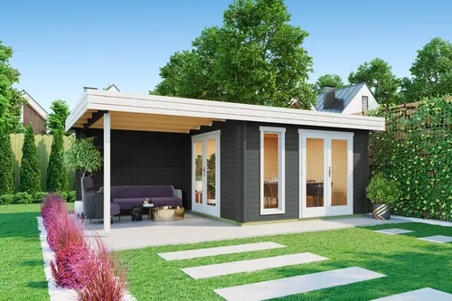 Gartenhaus Blockhaus Pultdach 44 mm Anders grau 652x380 cm - Gartenhaus mit 44 mm Wandstärke und abschließbaren Doppeltüren, ideal für Gartenliebhaber, bietet 29 m³ Stauraum und ist aus hochwertigem Holz gefertigt.
