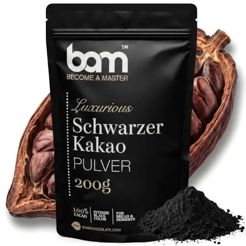 BAM Schwarzes Kakaopulver – 100% Kakao, Ungesüßt & Vegan | Intensiv Schwarze Farbe zum Backen von Keksen, Kuchen, Desserts & Glasuren - 200g