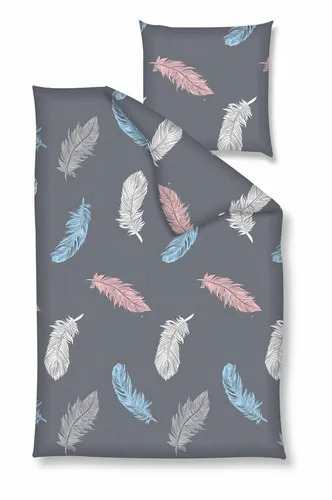 Traumschloss Bettwäsche Baumwolle, Renforcé, 3 teilig, bunte Federn auf dunkelgrauem Hintergrund grau