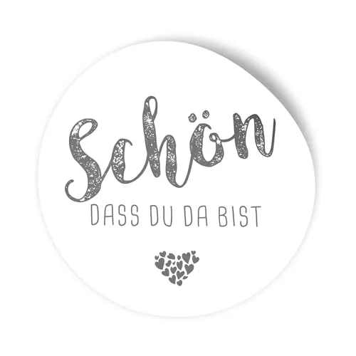 itenga 24x Sticker Schön dass du da bist Aufkleber rund 4cm selbstklebend - Sticker ideal für Gastgeschenk (weiss)