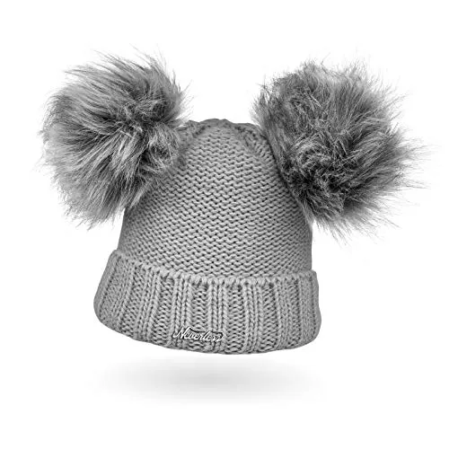 Neverless® gefütterte Damen Strickmütze mit Doppel-Fell-Bommel und Fleece Futter, Winter-Mütze, Bommelmütze hellgrau