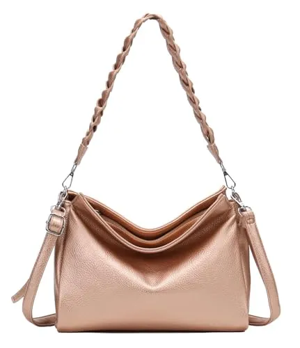 ITALYSHOP24 Damen Tasche Shopper FLECHTOPTIK Hobo Bag Schultertasche Cross Over Umhängetasche Beuteltasche Handtasche Henkeltasche Henkel Leder Optik Rosegold