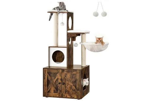 FEANDREA Kratzbaum 2-in-1 mit Katzenklo - Kratzbaum mit integriertem Katzenklo und Hängematte, ideal für platzsparende Katzenfreunde in Vintagebraun.