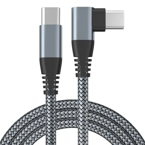 USB-C auf USB-C Schnellladekabel 3m 90° Winkelstecker Nylon geflochten 480 Mbps Daten für Samsung iPhone iPad Xiaomi Lenovo Huawei Tablet - Grau