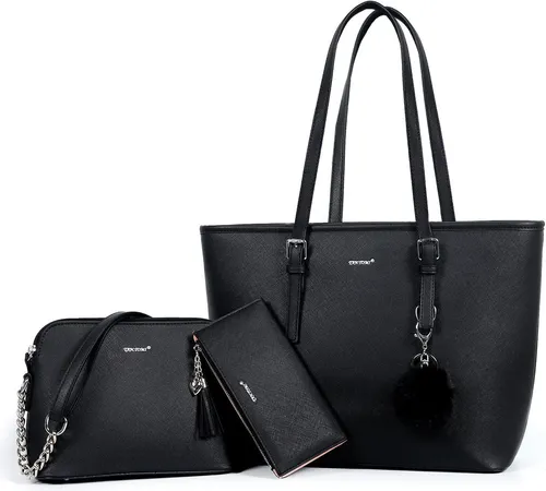 Mofut Shopper Handtasche Damen 3-Tlg - Schwarz - Handtaschen für Damen, modisches Design, hochwertiges PVC-Gewebe, ideal für jeden Anlass, perfektes Geschenk für Frauen.