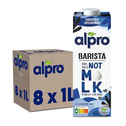 Alpro Haferdrink Not MLK Barista - 8x1L - Veganer Haferdrink für Baristas, leicht aufschäumbar und ohne Zuckerzusatz. Ideal für Kaffeespezialitäten mit mildem Hafergeschmack.