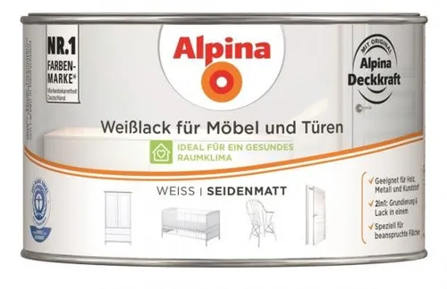 Alpina Weißlack für Möbel und Türen 300 ml – Seidenmatt - Hochwertiger 2in1 Lack für Möbel und Türen, kratzfest und mit hoher Deckkraft. Ideal für ein gesundes Raumklima und beständig gegen Reinigungsmittel. 300 ml für ca. 4 m² – perfekt für Neu- und Renovierungsanstriche.
