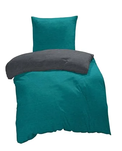 one-home Winter Biber Bettwäsche Meliert Melange Baumwolle Kuschelig Warm Weich Flanell, Größe:3 teilig 200x200 cm, Farbe:Petrol/anthrazit
