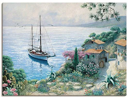 ARTLAND Wanddeko Leinwand Bilder Wandbild 80x60 cm Meer Küste Bucht Toskana Italien Boot Malerei Kunst K8PH