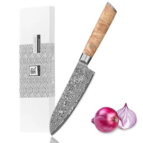 Zayiko Santoku Messer 17 cm aus 67 Lagen Damaststahl - Küchenmesser mit 17 cm Klinge aus schwarzem Damaszenerstahl, ideal für Fleisch, Fisch und Gemüse. Edler Birken-Wurzelholzgriff vereint Eleganz und Funktionalität.