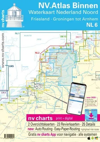 NV. Atlas NL6 - Binnenkarte Nederland - Bücher, umfassende Binnen- und Wasserkarte von Nederland Nord, ideal für Bootsfahrer und Freizeitaktivitäten.