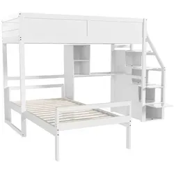 Etagenbett(weiß)Kiefernbett,kinderbett,Jugendbett,Sicherheitstreppe mit verstecktem Staufach, Schreibtisch-Staufach, Zwei-in-Eins-Hochzaun-Design - Weiß