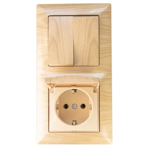 Unterputz STECKDOSE Kombi Doppelshalter-Schutzkontakt mit Deckel Eichen Holz