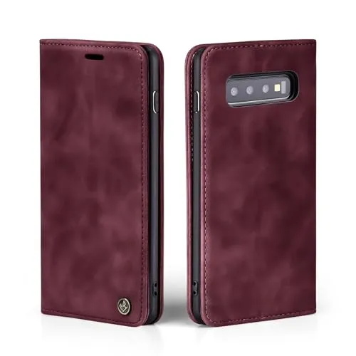 LBH Handyhülle für Samsung Galaxy S10 in Weinrot mit Karten- und Geldfach Smartphone Hülle mit Standfunktion Flip Case Schutzhülle Magnetverschluss Vintage