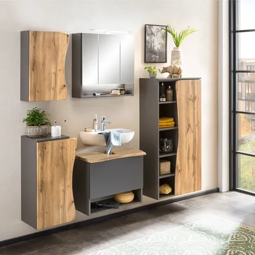 Badezimmer Badmöbel Set KAHLA-03 - Modernes Badmöbel Set mit Softclose-Funktion und LED-Beleuchtung, inklusive Waschbeckenunterschrank und Spiegelschrank für stilvolle Badezimmerlösungen.