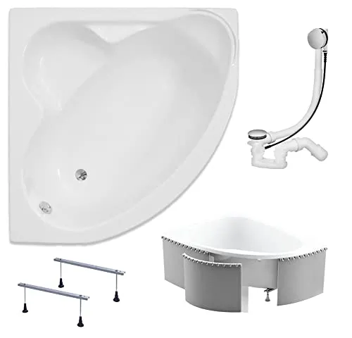 KOLMAN Badewanne STANDARD Eckbadewanne 130x130 mit Styroporverkleidung, Ablaufgarnitur und Füßen Komplettset 4in1 Premium Original Acryl Wanne Siphon